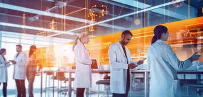 five scientists standing in front of a wall screen monitor doing experiments - orange, blue colors